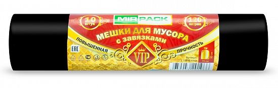Мешки для мусора завязками 120 л, 15 мкм, 10 шт, ПНД, 85х80 см, черные - Вид 1